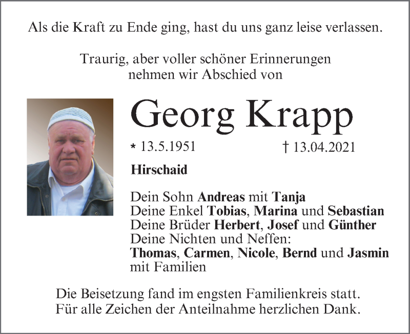  Traueranzeige für Georg Krapp vom 08.05.2021 aus MGO
