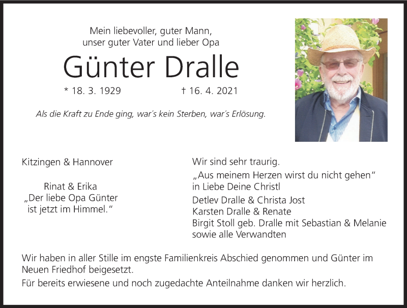  Traueranzeige für Günter Dralle vom 03.05.2021 aus MGO
