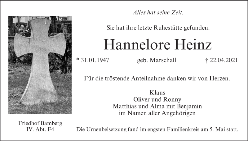  Traueranzeige für Hannelore Heinz vom 06.05.2021 aus MGO