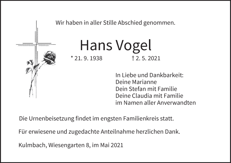  Traueranzeige für Hans Vogel vom 08.05.2021 aus MGO