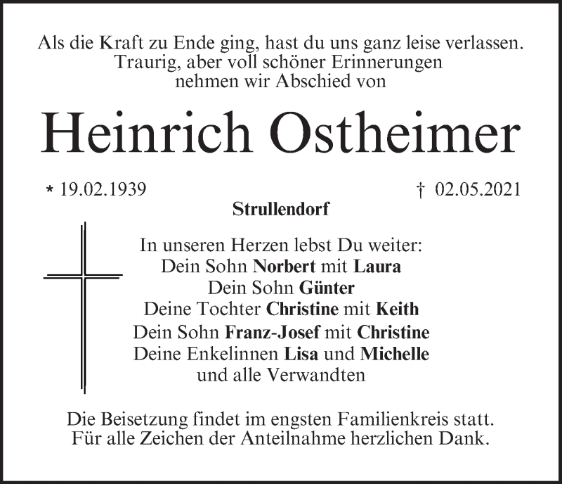  Traueranzeige für Heinrich Ostheimer vom 08.05.2021 aus MGO