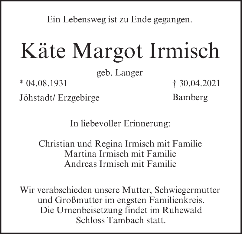  Traueranzeige für Käte Margot Irmisch vom 08.05.2021 aus MGO