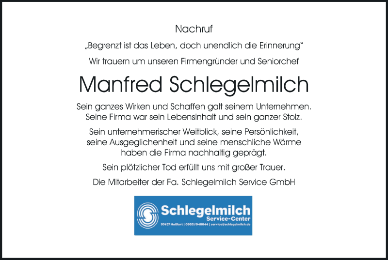  Traueranzeige für Manfred Schlegelmilch vom 08.05.2021 aus MGO