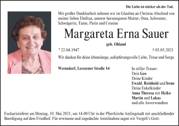 Anzeige von Margareta Erna Sauer von MGO