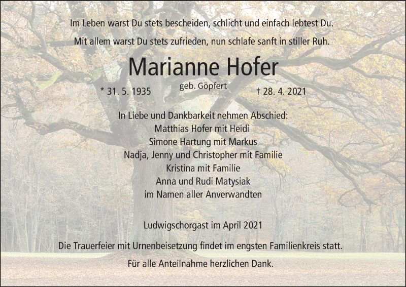  Traueranzeige für Marianne Hofer vom 03.05.2021 aus MGO