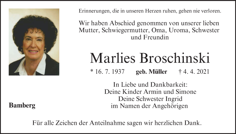  Traueranzeige für Marlies Broschinski vom 08.05.2021 aus MGO