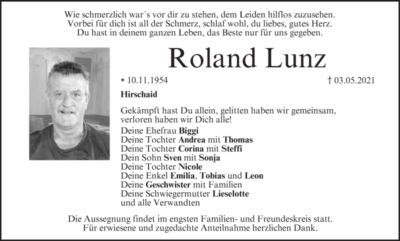  Traueranzeige für Roland Lunz vom 08.05.2021 aus MGO