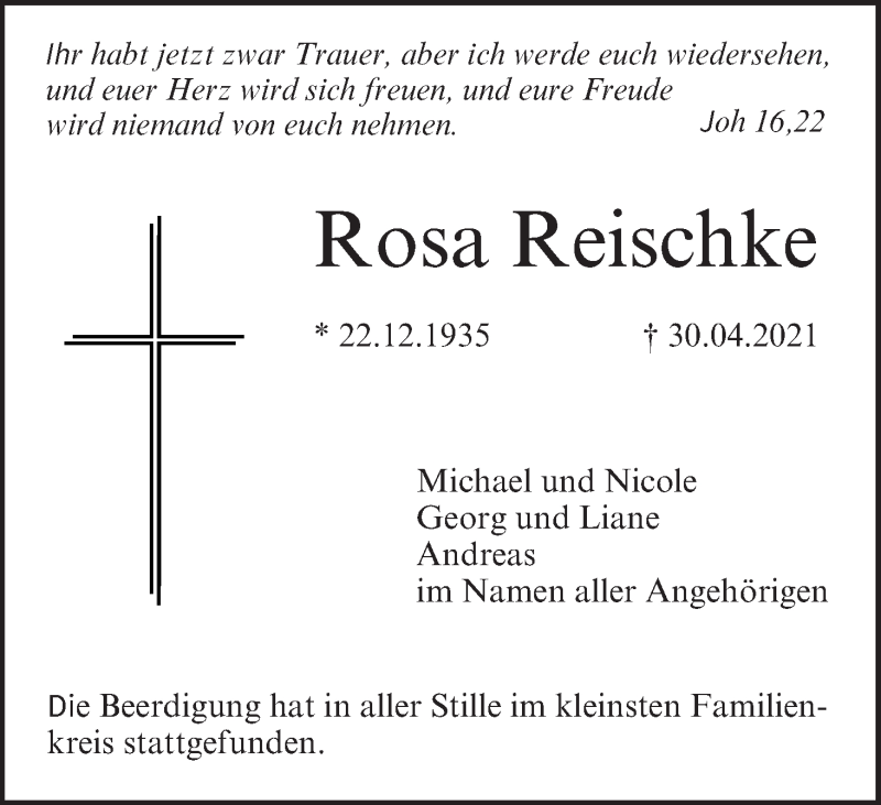  Traueranzeige für Rosa Reischke vom 08.05.2021 aus MGO