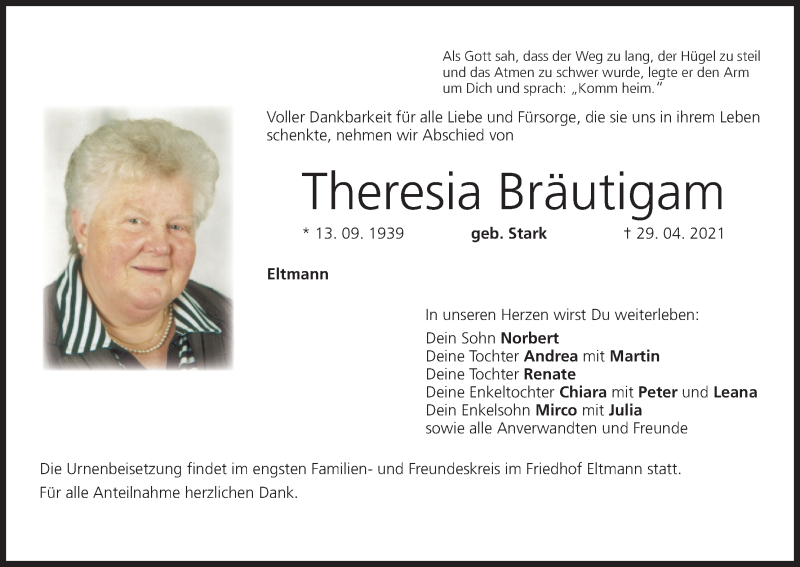  Traueranzeige für Theresia Bräutigam vom 05.05.2021 aus MGO