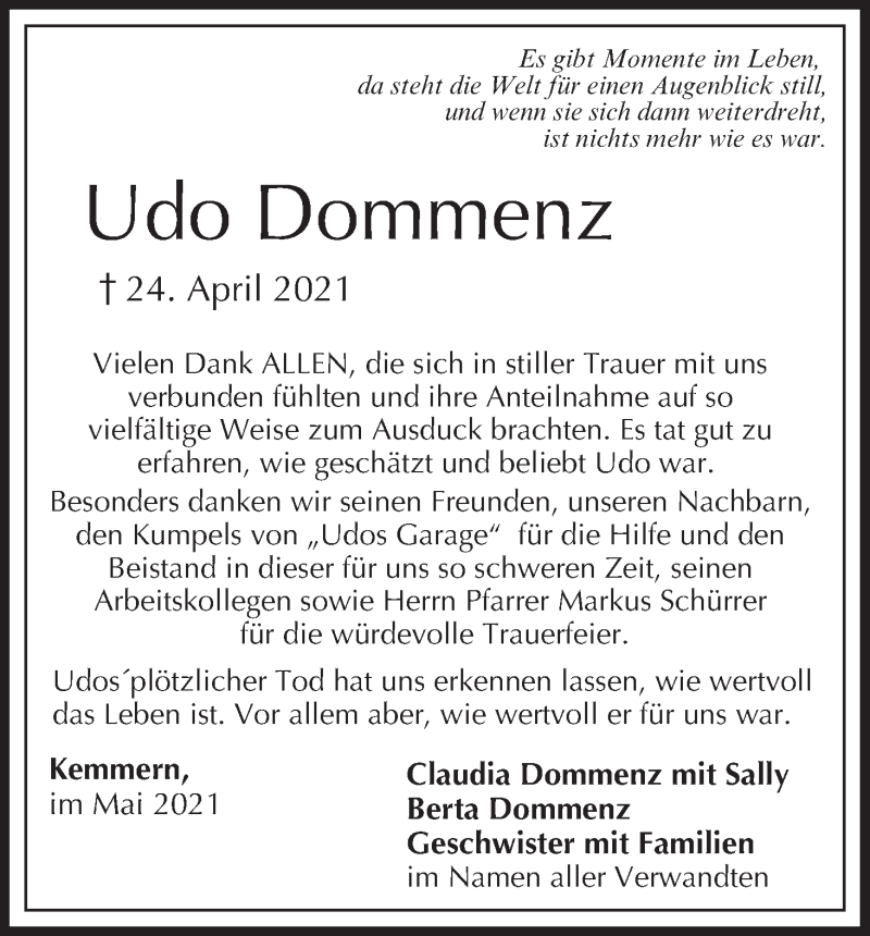  Traueranzeige für Udo Dommenz vom 08.05.2021 aus MGO