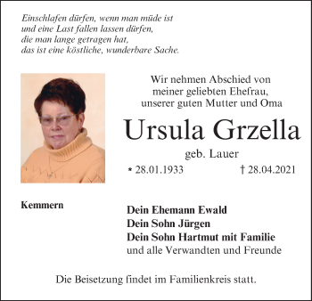 Anzeige von Ursula Grzella von MGO