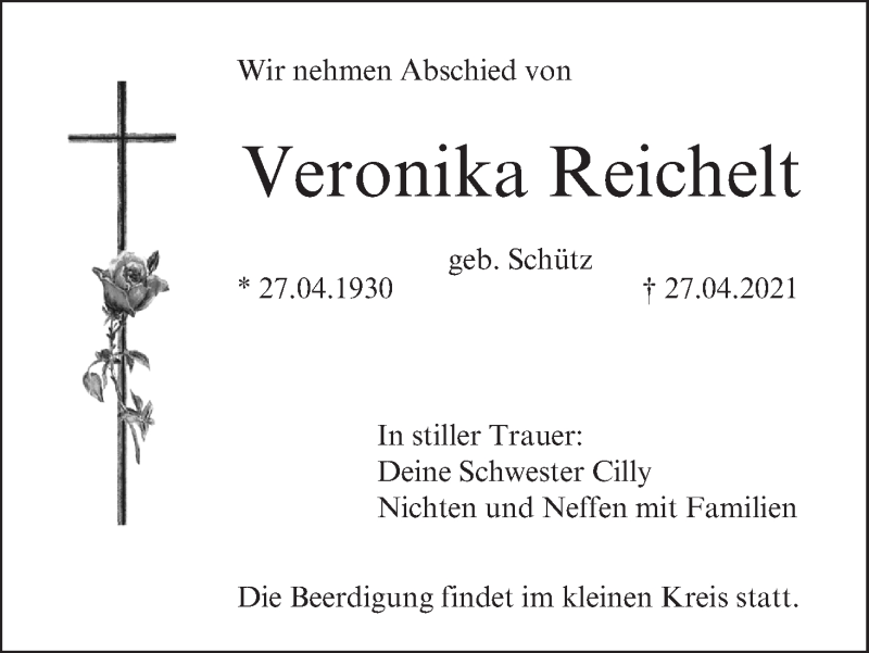  Traueranzeige für Veronika Reichelt vom 03.05.2021 aus MGO