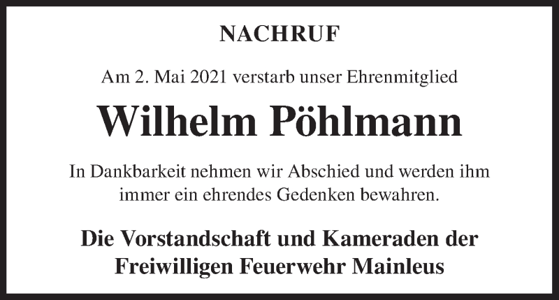  Traueranzeige für Wilhelm Pöhlmann vom 06.05.2021 aus MGO
