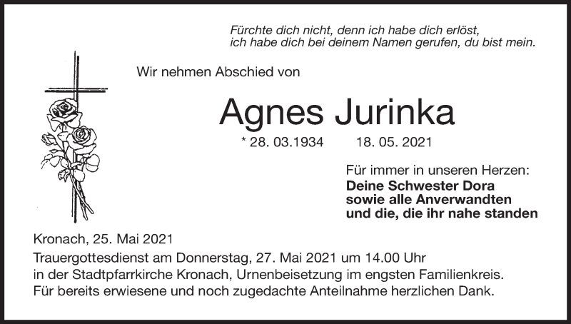  Traueranzeige für Agnes Jurinka vom 25.05.2021 aus MGO
