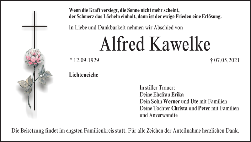  Traueranzeige für Alfred Kawelke vom 15.05.2021 aus MGO