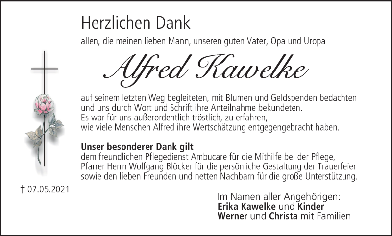  Traueranzeige für Alfred Kawelke vom 29.05.2021 aus MGO