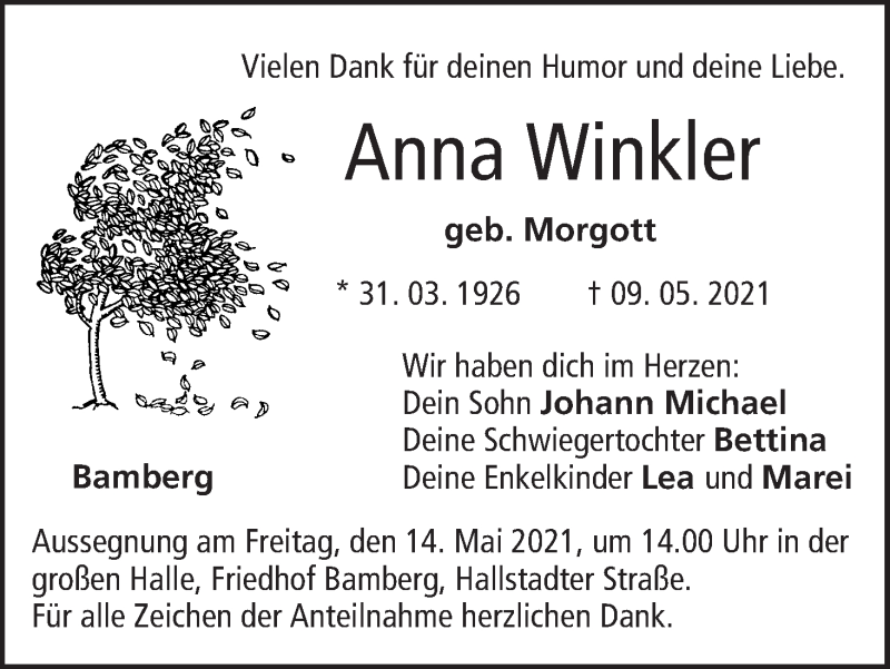  Traueranzeige für Anna Winkler vom 12.05.2021 aus MGO