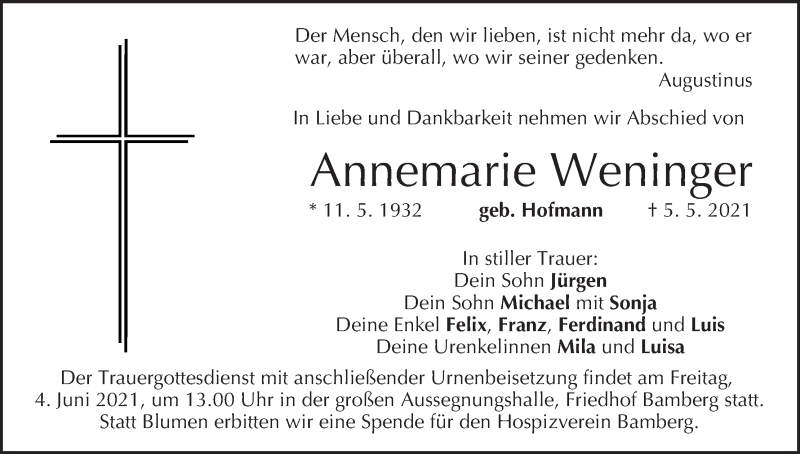 Traueranzeige für Annemarie Weninger vom 29.05.2021 aus MGO