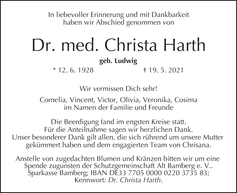  Traueranzeige für Christa Harth vom 29.05.2021 aus MGO