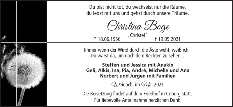  Traueranzeige für Christina Boge vom 22.05.2021 aus MGO