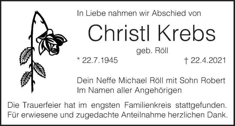  Traueranzeige für Christl Krebs vom 15.05.2021 aus MGO