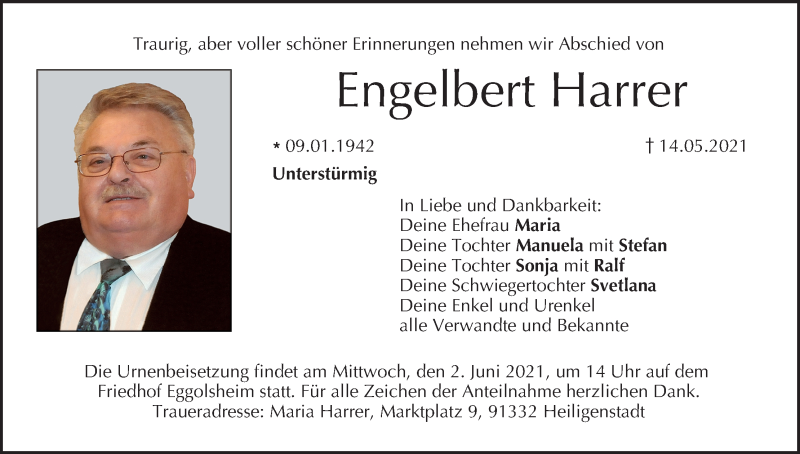  Traueranzeige für Engelbert Harrer vom 29.05.2021 aus MGO