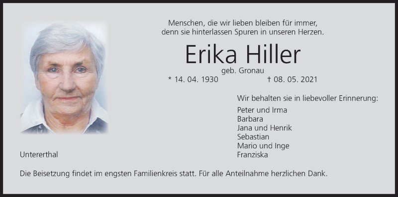  Traueranzeige für Erika Hiller vom 15.05.2021 aus MGO