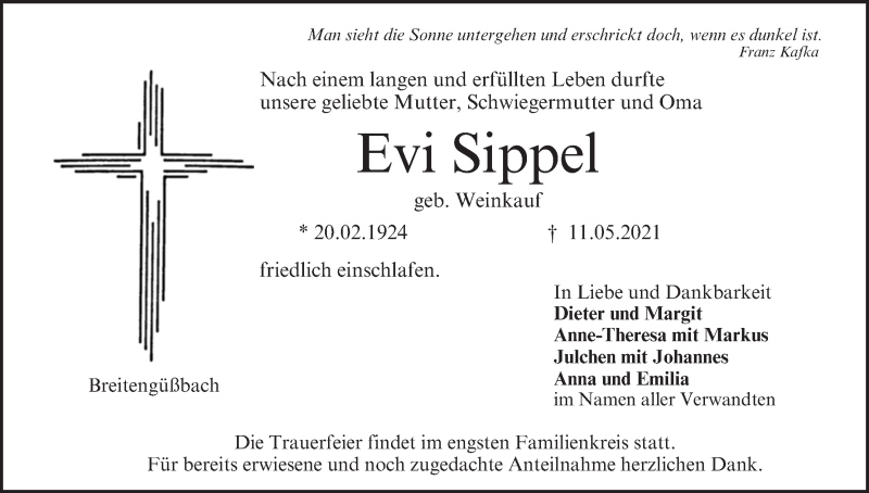  Traueranzeige für Evi Sippel vom 15.05.2021 aus MGO