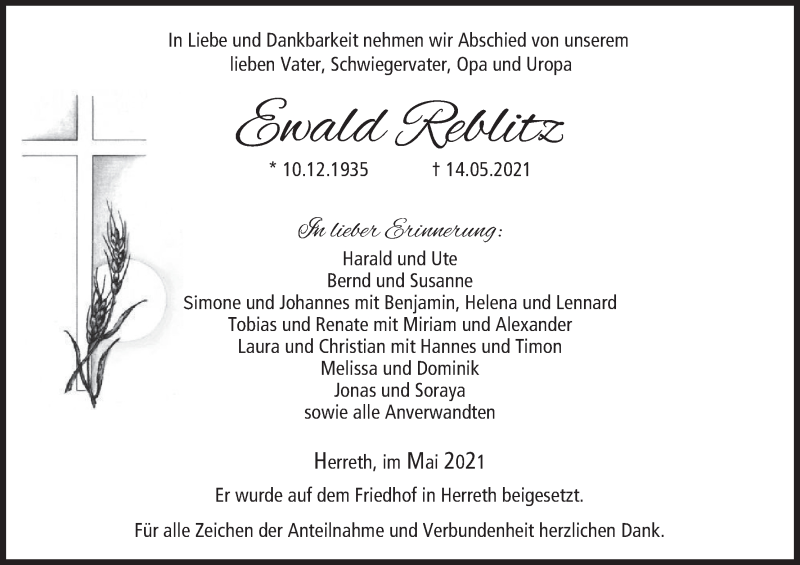  Traueranzeige für Ewald Reblitz vom 21.05.2021 aus MGO