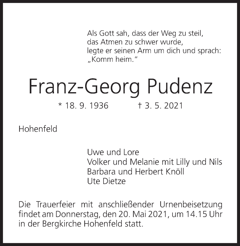  Traueranzeige für Franz-Georg Pudenz vom 17.05.2021 aus MGO