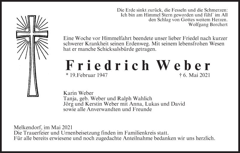  Traueranzeige für Friedrich Weber vom 15.05.2021 aus MGO