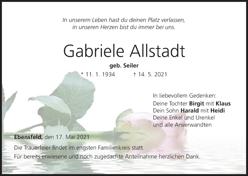  Traueranzeige für Gabriele Allstadt vom 17.05.2021 aus MGO