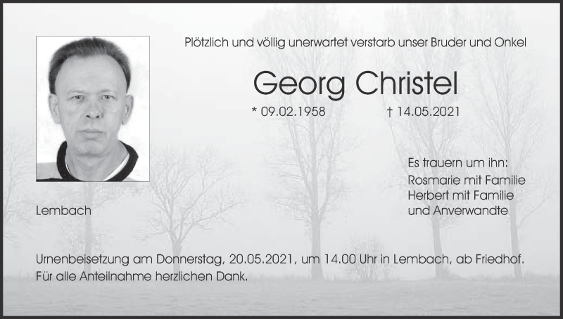  Traueranzeige für Georg Christel vom 18.05.2021 aus MGO
