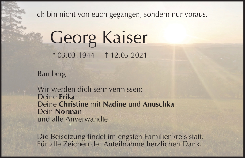  Traueranzeige für Georg Kaiser vom 29.05.2021 aus MGO