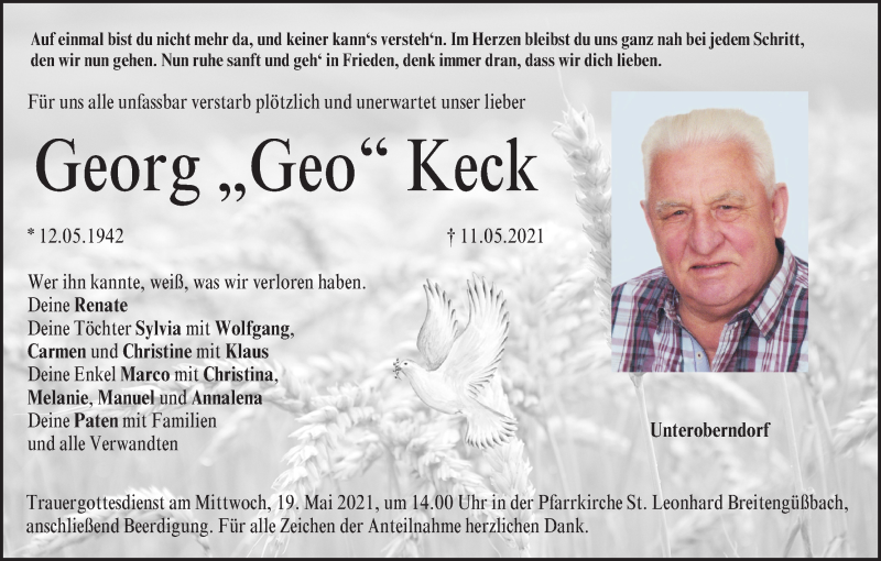  Traueranzeige für Georg  Keck vom 15.05.2021 aus MGO