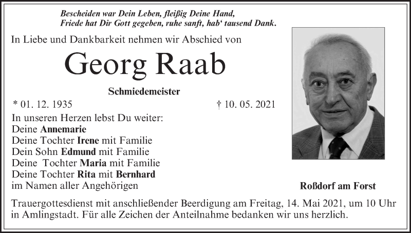  Traueranzeige für Georg Raab vom 13.05.2021 aus MGO