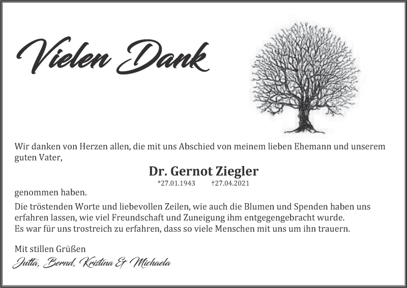  Traueranzeige für Gernot Ziegler vom 22.05.2021 aus MGO