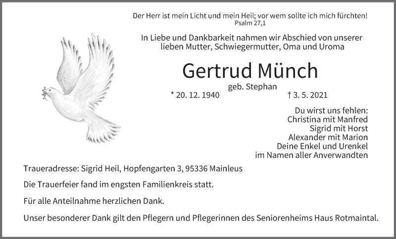  Traueranzeige für Gertrud Münch vom 15.05.2021 aus MGO