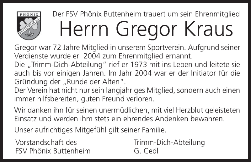  Traueranzeige für Gregor Kraus vom 27.05.2021 aus MGO