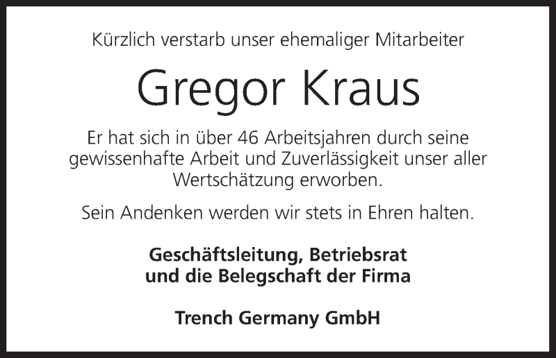  Traueranzeige für Gregor Kraus vom 22.05.2021 aus MGO