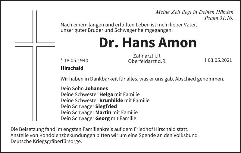  Traueranzeige für Hans Amon vom 15.05.2021 aus MGO