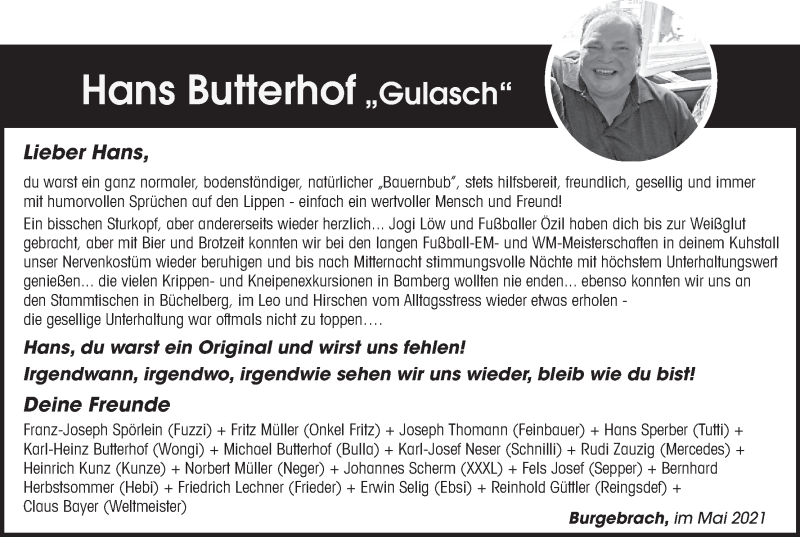  Traueranzeige für Hans Butterhof vom 22.05.2021 aus MGO