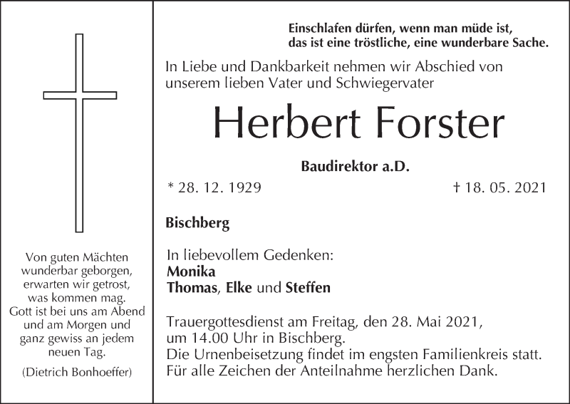  Traueranzeige für Herbert Forster vom 22.05.2021 aus MGO
