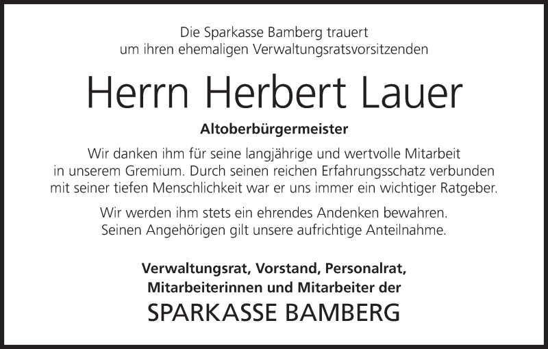  Traueranzeige für Herbert Lauer vom 26.05.2021 aus MGO