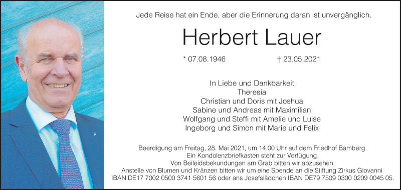  Traueranzeige für Herbert Lauer vom 26.05.2021 aus MGO