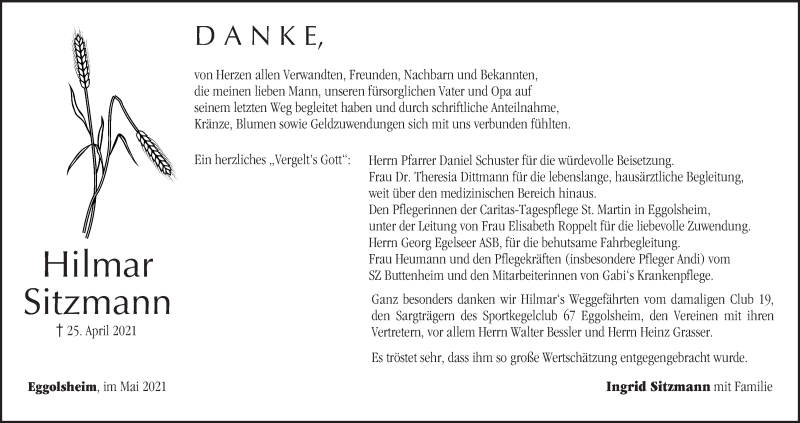  Traueranzeige für Hilmar Sitzmann vom 15.05.2021 aus MGO
