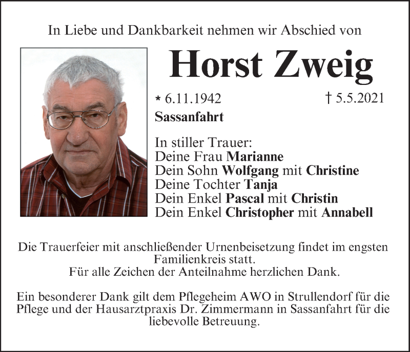  Traueranzeige für Horst Zweig vom 15.05.2021 aus MGO