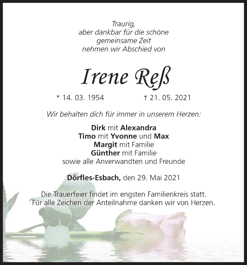  Traueranzeige für Irene Reß vom 29.05.2021 aus MGO