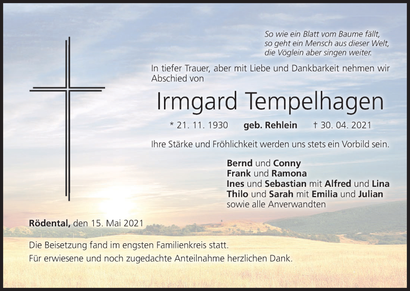  Traueranzeige für Irmgard Tempelhagen vom 15.05.2021 aus MGO