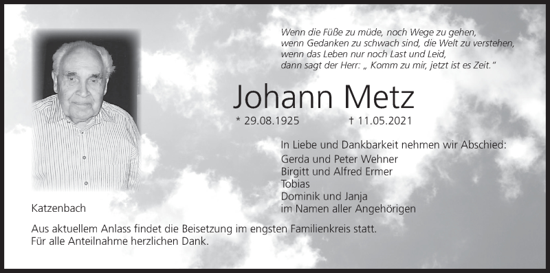  Traueranzeige für Johann Metz vom 15.05.2021 aus MGO